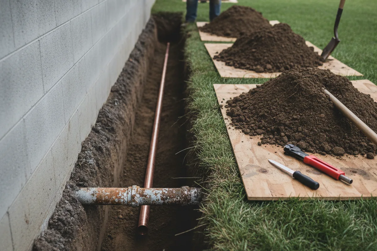 Excavated water line trench during Water Softener Installation in Fort Morgan